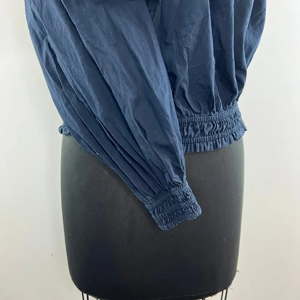 Free People Navy Blue Long Sleeve Women's Cotton One Shoulder Blouse Top Size L